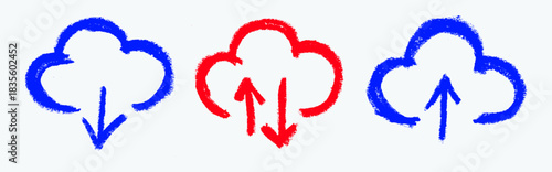 Cloud Upload Download Crayon Chalk Drawing Doodle Vector Set