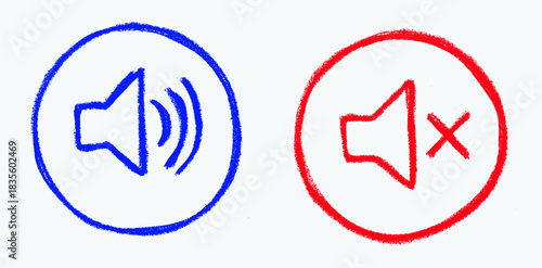 Sound Volume On Off Crayon Chalk Drawing Doodle Vector Set