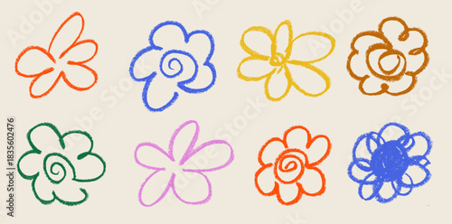 Hippie Flowers Crayon Chalk Drawing Doodle Vector Set