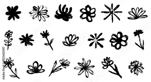 Simple Flowers Grunge Brush Stroke Drawing Vector Set