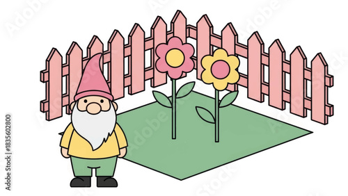 Cartoon garden gnome with flowers and a picket fence. Simple flat design vector illustration. Fantasy folklore character isolated on a white background.