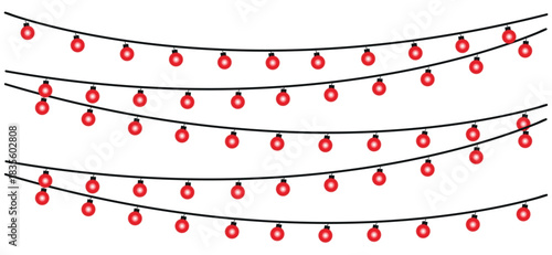 Red christmas lights hanging in rows against a white background for festive decorations and celebrations , glowing holiday lights garland bulbs, twinkling fairy lights glow