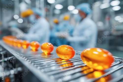 Workers handle orange gel capsules in a factory