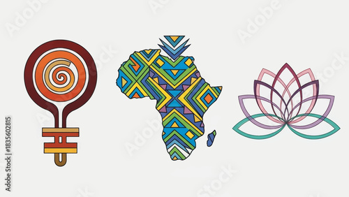 A collection of cultural symbols representing diversity and heritage. Vector illustration of the African continent, an Adinkra-style icon, and a lotus flower. Flat design graphic elements
