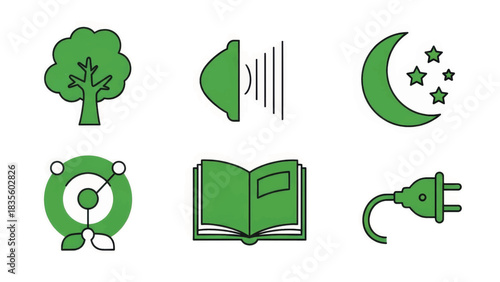 Digital wellness and lifestyle icon set. Simple flat design with textured green fill. Vector graphic symbols for web and app design.