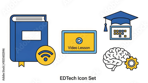 EdTech icon set for online education. Flat vector illustration of e-learning symbols like a book, brain, and video lesson. Digital learning concept graphics isolated on white background