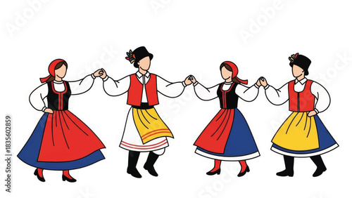 People in traditional costumes performing a folk dance. Flat vector illustration of dancers holding hands. European folklore and cultural festival concept