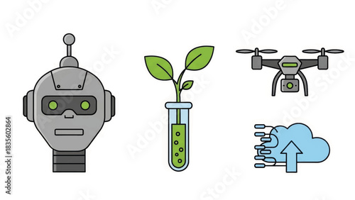 Future technology and professions icon set. Robot, drone, biotechnology, and cloud computing symbols. Flat design vector illustration