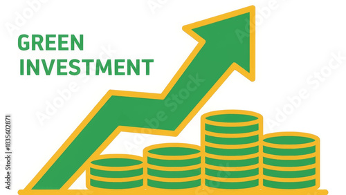 Green investment vector illustration. Upward arrow graph and stacks of coins symbolizing sustainable financial growth. ESG and ethical finance concept isolated on a white background.