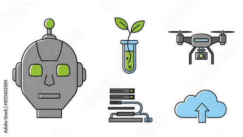 A set of future technology icons for modern professions. Vector symbols for AI, drones, biotechnology, and cloud computing. Flat outline design illustration.