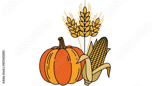 Autumn harvest illustration with a pumpkin, corn, and wheat. Stylized flat design with bold outlines. Vector graphic element isolated on a white background
