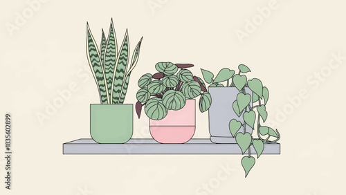 Indoor plant oasis illustration with various houseplants in pots. Minimalist line art with flat color. Vector graphic for home decor and gardening themes