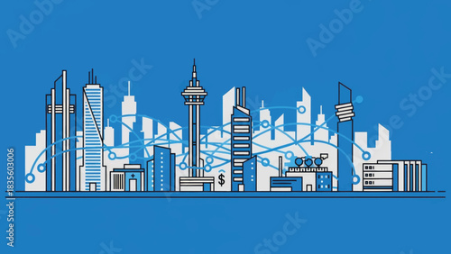 Smart city connectivity vector illustration. Minimalist line art of a modern urban skyline with a data network. Internet of things and global communication concept