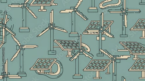 Sustainable energy seamless pattern. Vector illustration with repeating wind turbines and solar panels. Green technology background design.