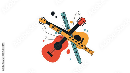 Abstract illustration of musical instruments for a music festival. Vector graphic composition with guitars and flutes. Modern flat design isolated on a white background