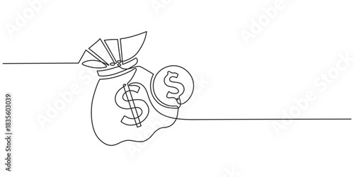 continuous line drawing of big money bag, budget planning growth small tree money bag one line drawing continuous handdrawn minimalist art, Money bag with a dollar sign in one line art style. Money