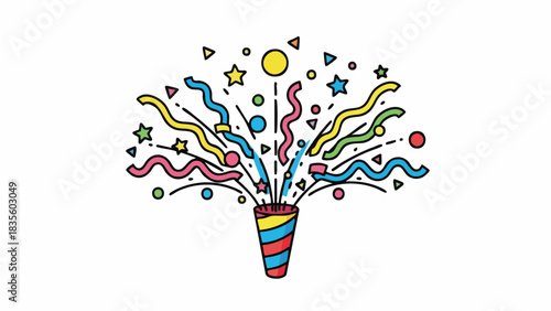 A festive party popper exploding with colorful confetti and streamers for a New Year celebration