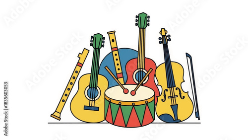 Collection of musical instruments vector illustration. Hand-drawn cartoon guitar, violin, drum, and flute for a music festival. Simple flat design graphic isolated on white background