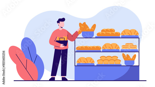 Man Selecting Bread at Modern Bakery – Pastel Flat Corporate Illustration