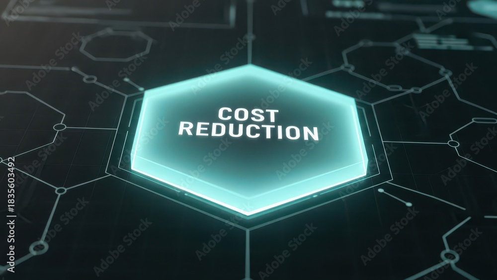 Fototapeta premium Cost reduction highlighted on futuristic digital display screen backdrop