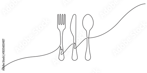 Knife and fork, continuous one line drawing, minimalist outline illustration of dining utensils, Minimalist line art illustration of a fork, knife, and spoon connected by a continuous, wavy line.