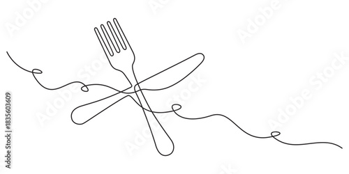 Knife and fork, continuous one line drawing, minimalist outline illustration of dining utensils, Minimalist line art illustration of a fork, knife, and spoon connected by a continuous, wavy line.