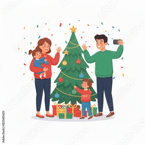 A family happily posing for a photo in front of a decorated Christmas tree with confetti around them