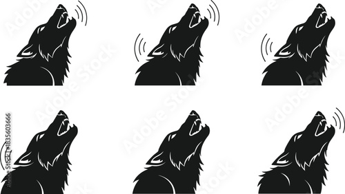 Black wolf or dog howling silhouette emitting sound waves icon set.