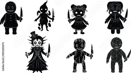 Creepy horror dolls and dark cute characters holding deadly knives vector.