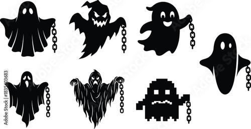 Cute and scary cartoon ghosts holding chains in different illustration styles.