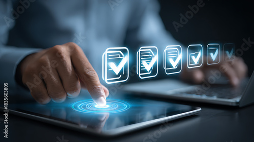 Person interacting with digital checklist on tablet business hands