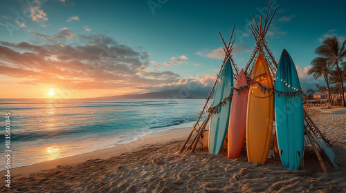 Colorful surfboards decorated with Christmas garland forming a festive tree on tropical beach at golden sunset