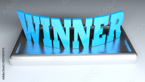 WINNER blue write on metallic base - 3D rendering illustration
