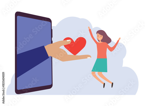 Digital love notification, hand holding red heart on screen, Valentine’s day and online dating concept