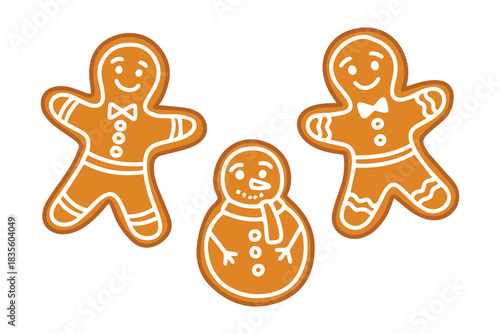 Set of cute holiday characters. Baked gingerbread men and snowman biscuits decorated with white icing for Christmas party and kids.
