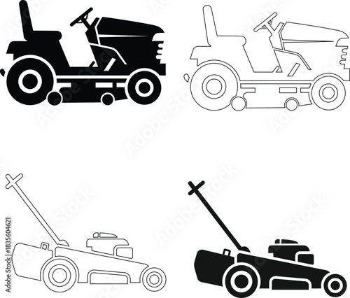 Lawn Mower Vector Icons – Gardening Tool and Grass Cutting Machine Symbols