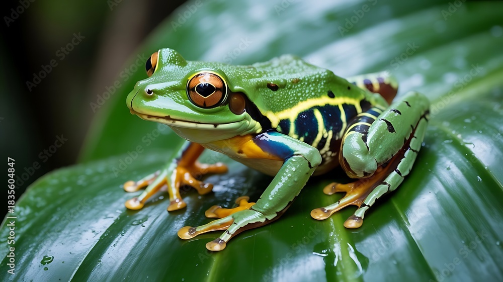 Fototapeta premium A vibrant amphibian resting peacefully on a large green leaf in a lush natural environment setting outdoors
