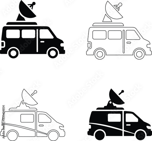 News Broadcasting Van Vector Icons – Satellite TV Truck and Media Transport Symbols