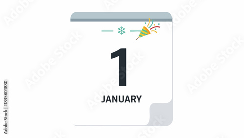 Calendar Page January 1st with Party Popper Icon for New Year Celebration