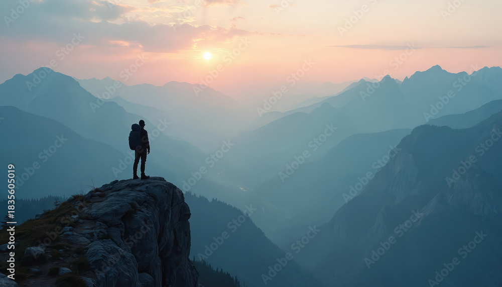 Fototapeta premium Man with backpack stands on mountaintop looks at sunrise. Hiker enjoys scenic mountain view. Person journey on peak, explores nature landscapes. Adventure travel lifestyle outdoor activity extreme