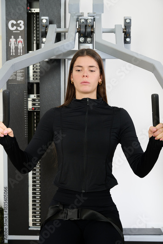 Young woman training chest muscles at gym
