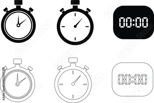 Stopwatch Timer Vector Icons – Countdown and Sport Chronometer Symbols