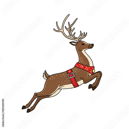 A leaping reindeer wearing a festive harness, captured in mid jump against a white background.
