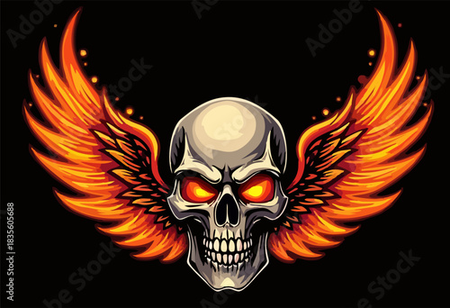 Biker vector t-shirt design with human skull,
fire wings isolated on black background.
Fashionable print for fabric, paper, men clothing,
hoodie, biker jacket. T shirt template.