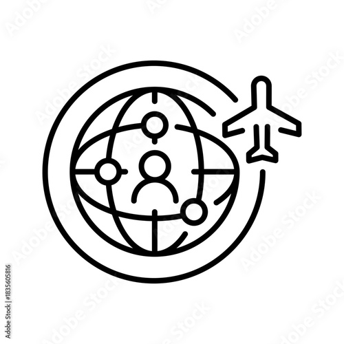 Travel vector icon. editable line icon with flight, world, and tourist symbols