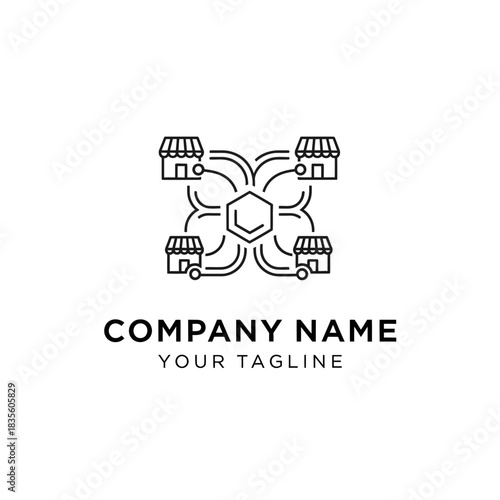 Line art logo concept illustrating a network of stores or franchises connected to a central technology hub.