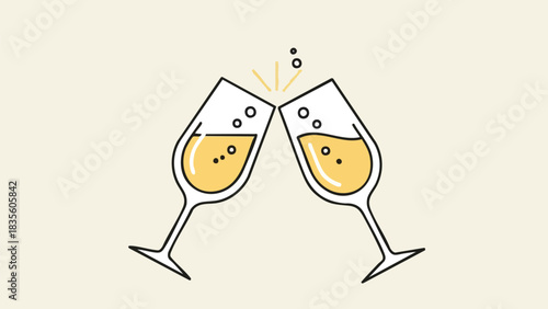 A celebratory New Year's toast represented by a simple vector icon of two clinking champagne glasses with bubbles
