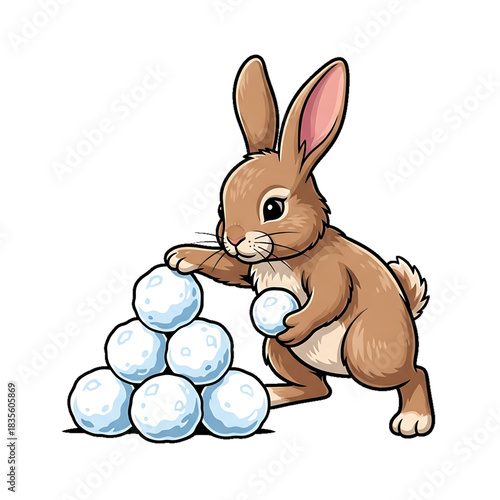A rabbit building a pile of round snowballs in the winter snow.