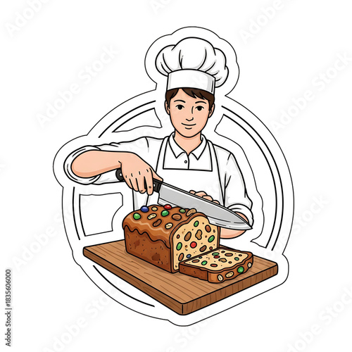 A chef slicing a loaf of holiday fruit cake with precision and care.