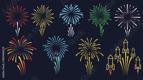Colorful Fireworks Display Festive Explosion Icons for Celebrations, New Year, and Events
